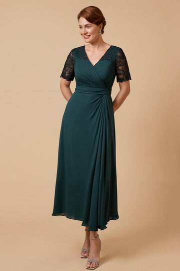Pine Sheath V-Neck Short Sleeve Mother of the Bride Dress with Lace